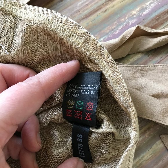 David Bitton Sheer Gold Paisley Faux Wrap Long Sleeve Top with Waist Tie Vintage - Picture 6 of 7